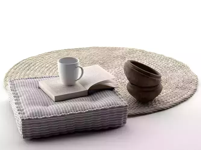 Bowls Seat Pillow Book Cup and Rug 3D model