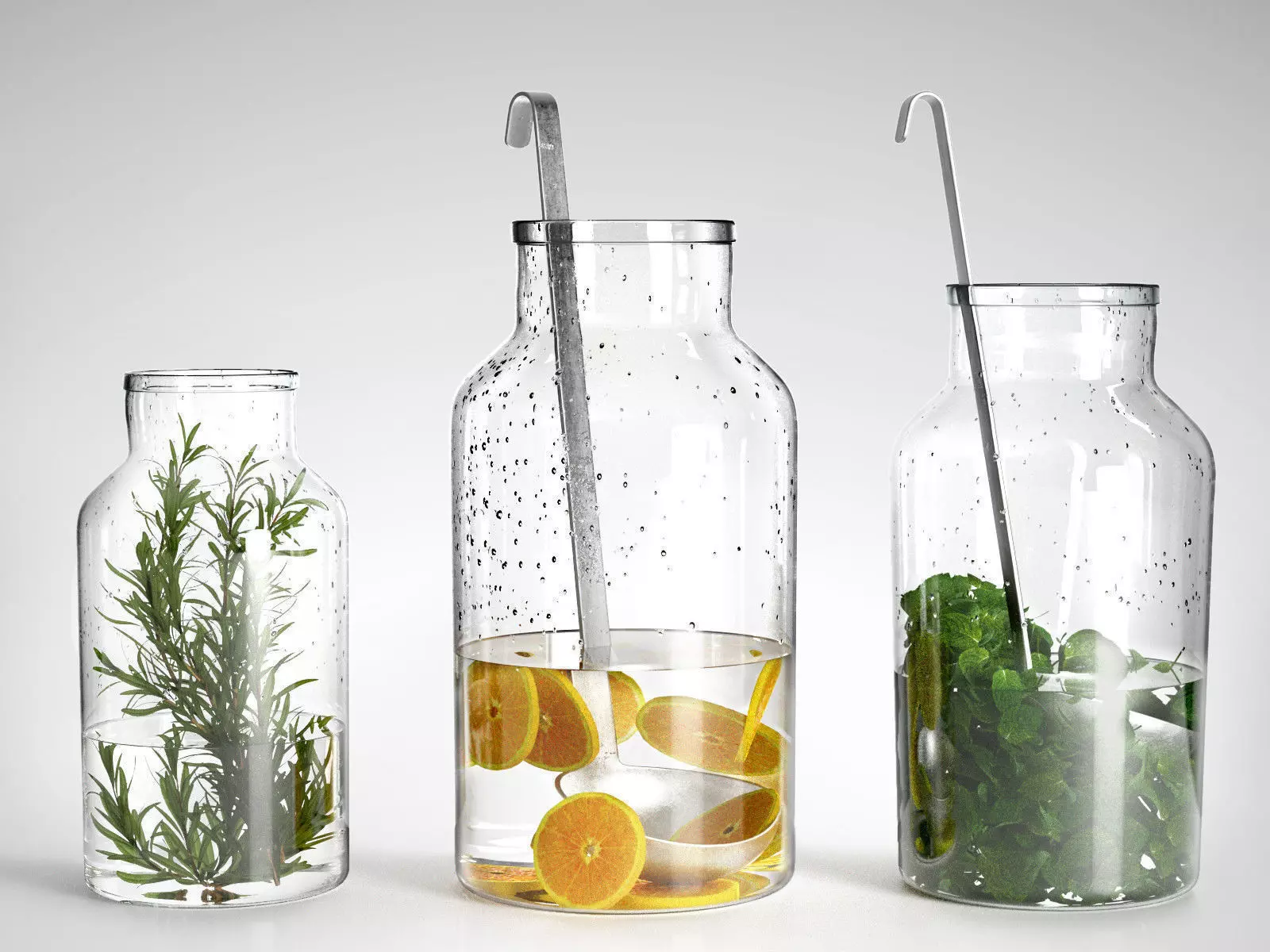 Bottle Vases with Branches and Orange Slices 3D model_0