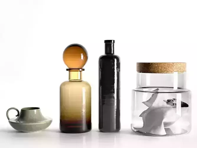 Bowl with Handle Decanter and Bottles