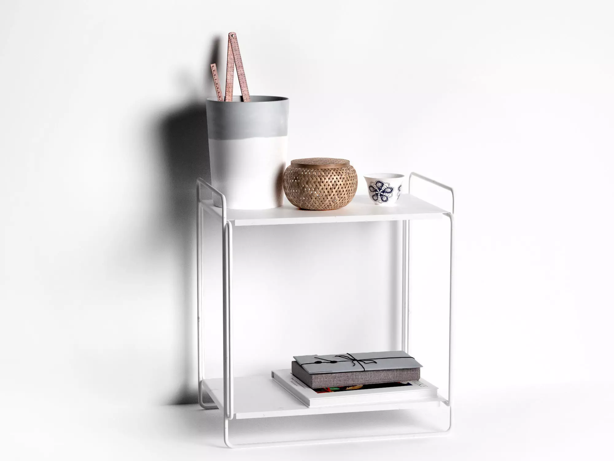 Bucket with Rulers Wicker Basket Cup Book on Table 3D model_0