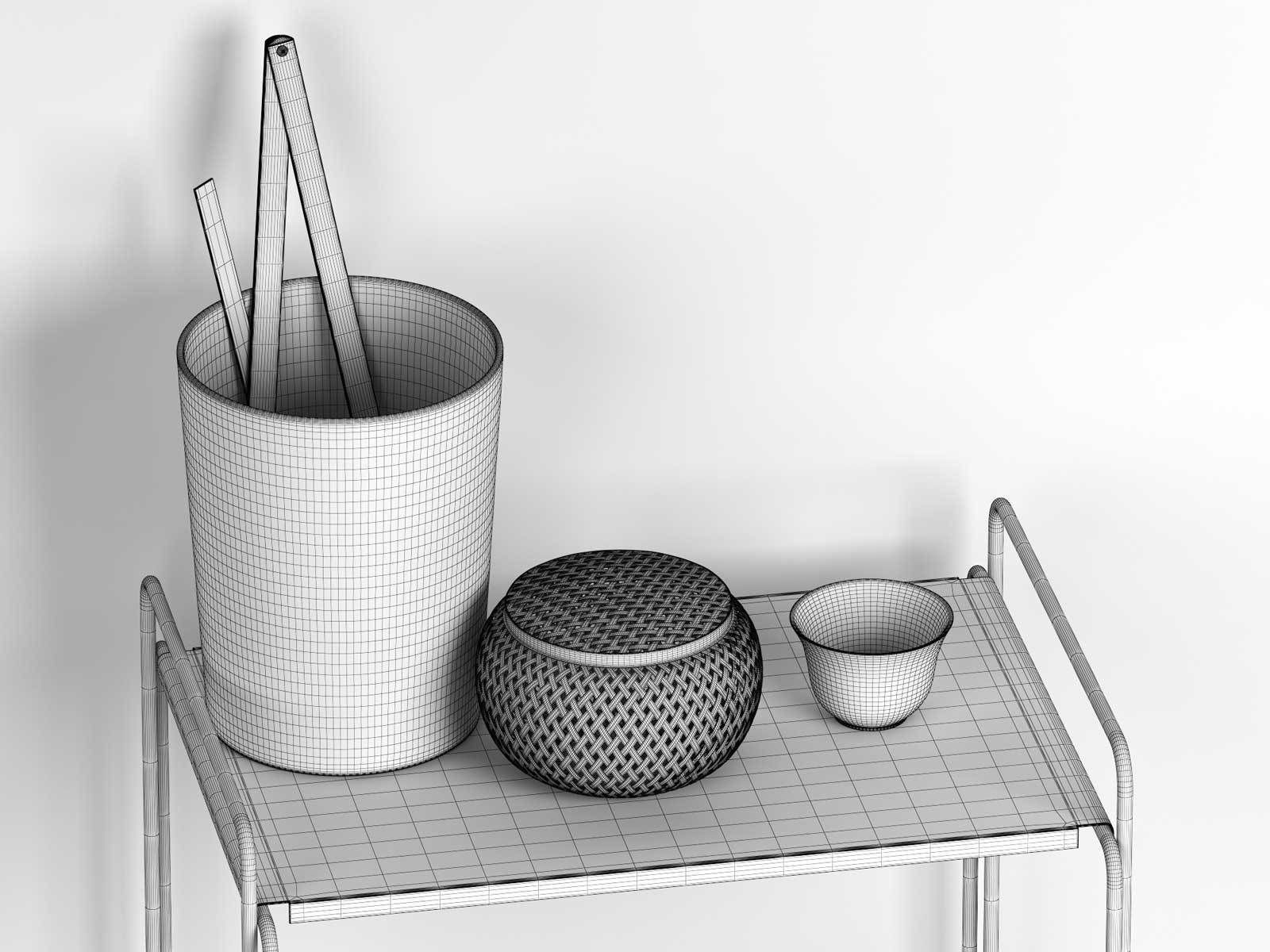 Bucket with Rulers Wicker Basket Cup Book on Table 3D model_4