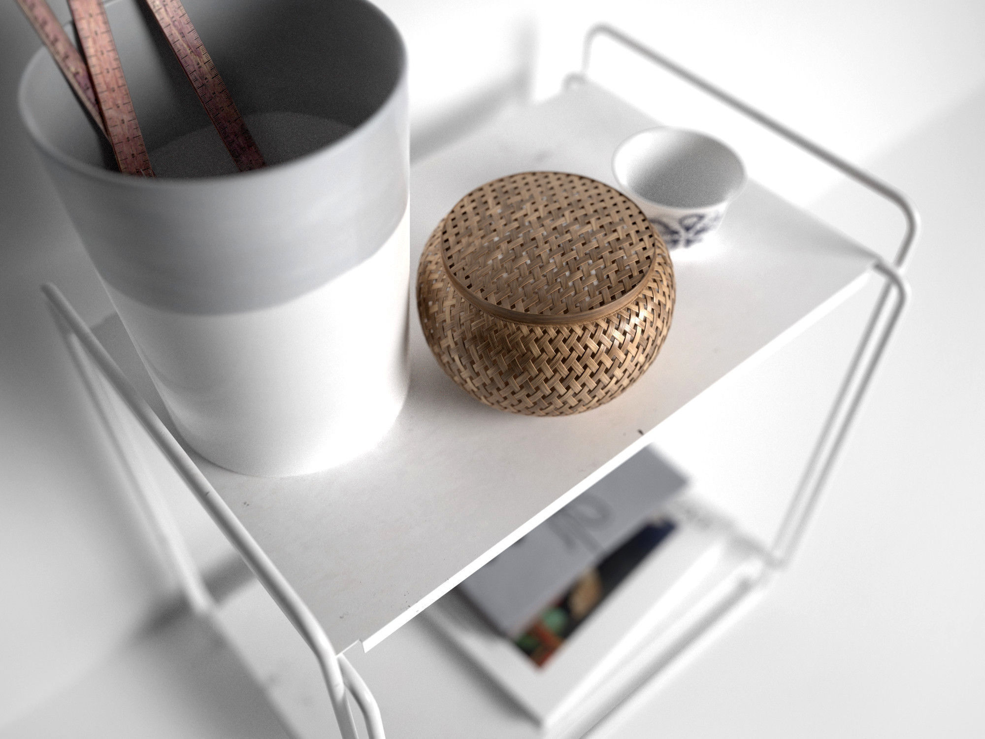 Bucket with Rulers Wicker Basket Cup Book on Table 3D model_1
