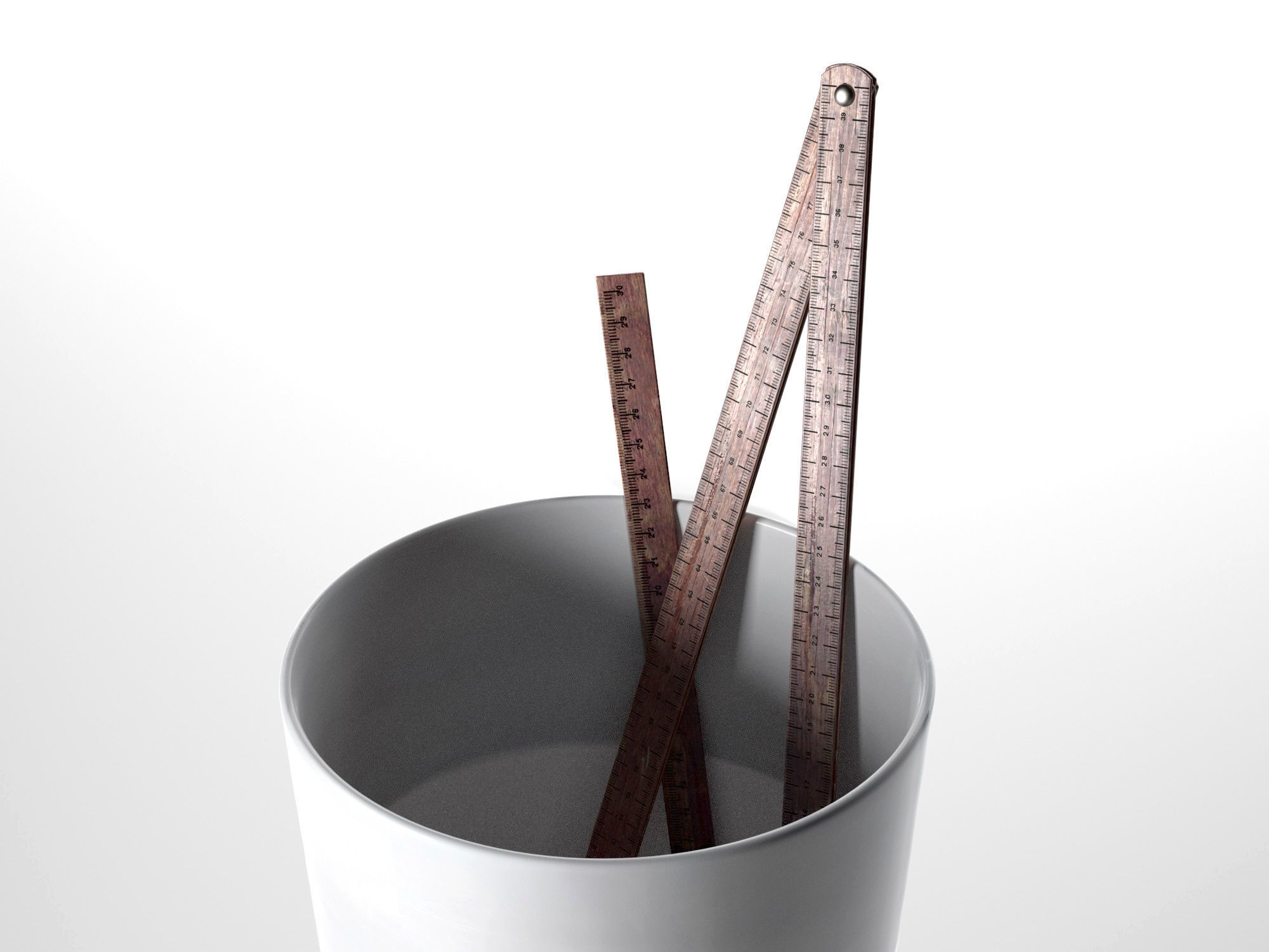 Bucket with Rulers Wicker Basket Cup Book on Table 3D model_2