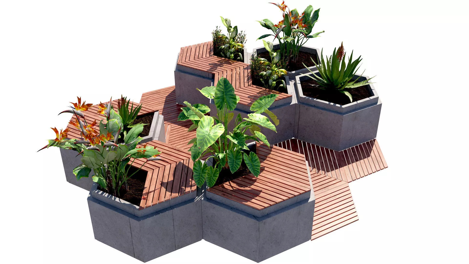 Modular Urban Hexagon Green Space 3D Model Low-poly 3D model