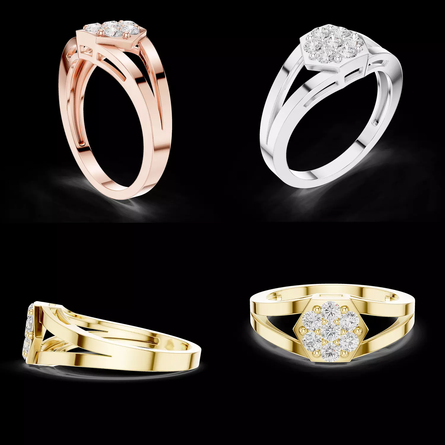 Hexagon Diamond Cluster Gold Ring 3D Model 3D print model