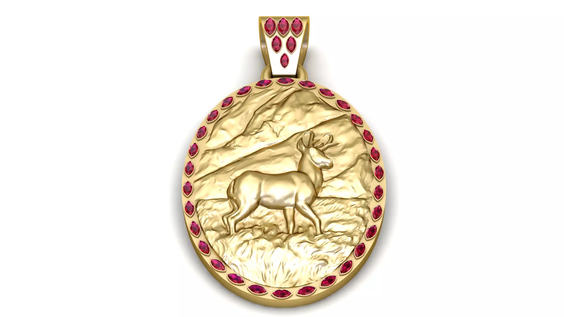 Royal Stag Mountain Gold Pendant with Ruby Halo 3D print model