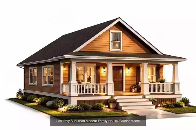 Low Poly Summer Suburban Houses Pack 8 Modern Porch Homes 7