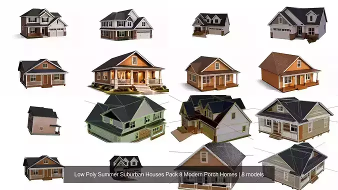 Low Poly Summer Suburban Houses Pack 8 Modern Porch Homes