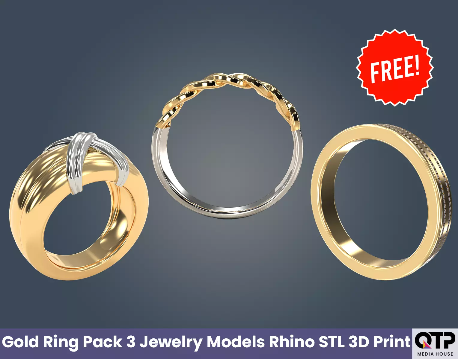 Gold Ring Pack 3 Jewelry Models Rhino STL 3D Print Free 3D print model