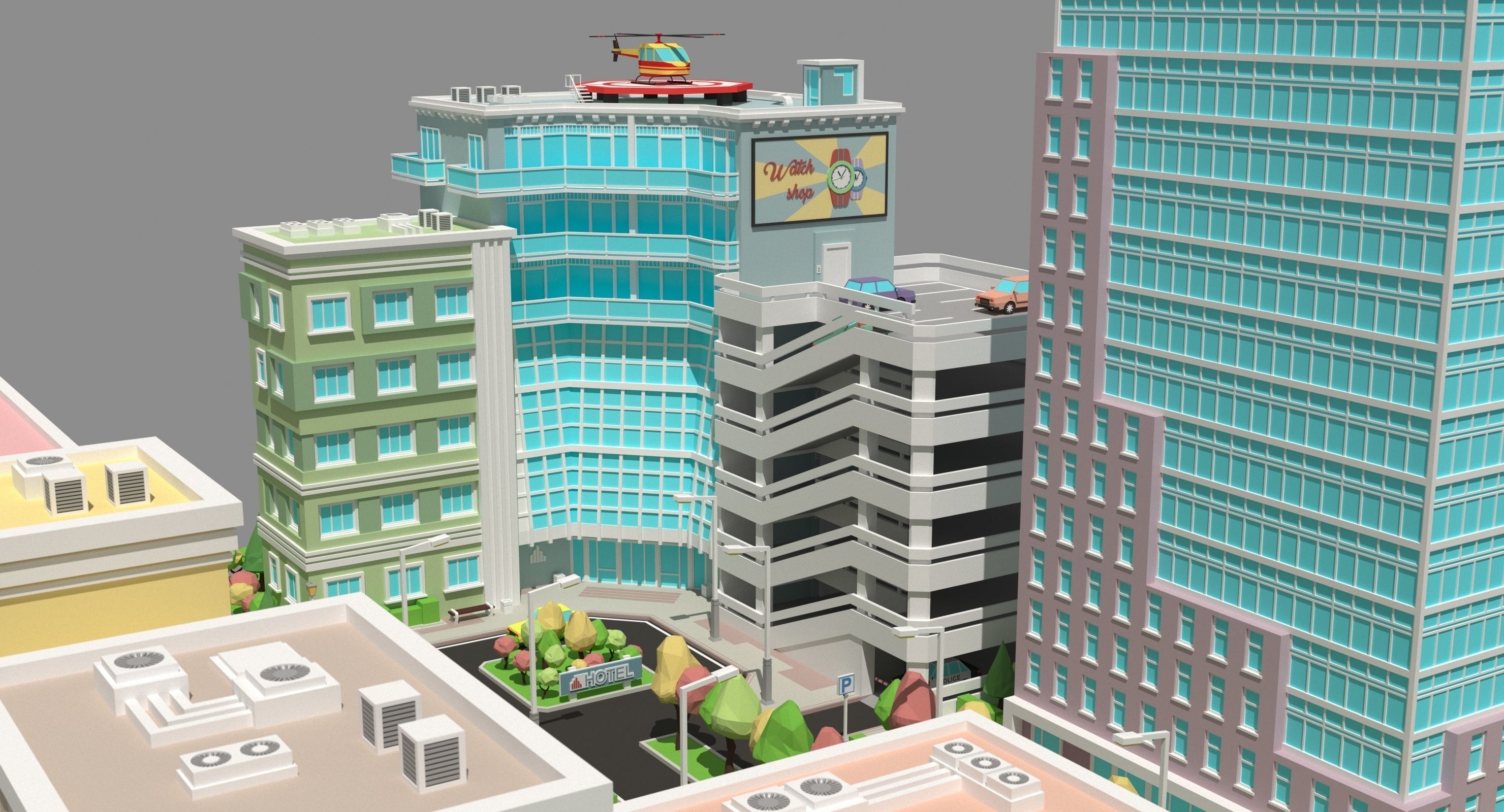 Low poly city with various buildings on the bank of the river Low-poly 3D model_6