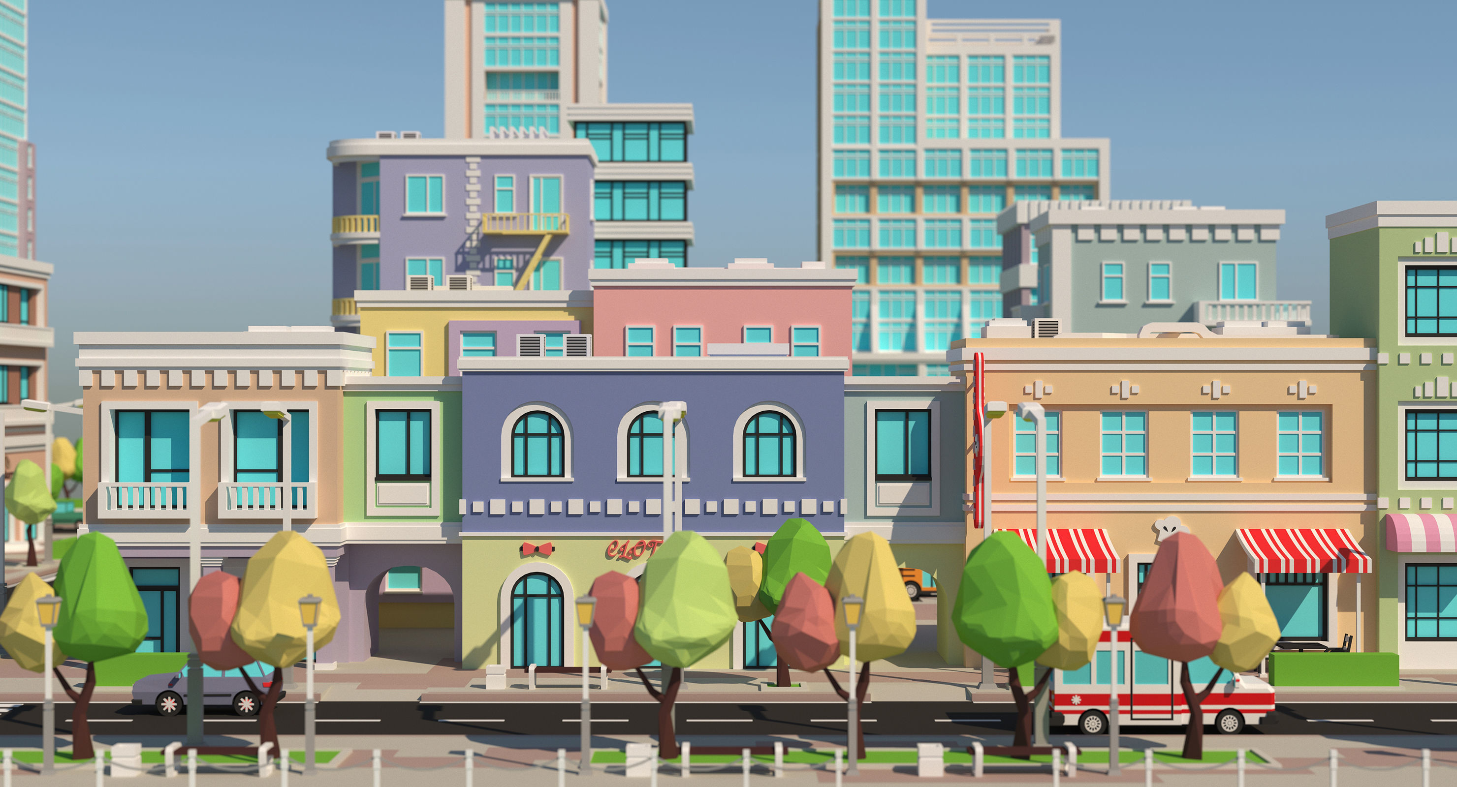 Low poly city with various buildings on the bank of the river Low-poly 3D model_4