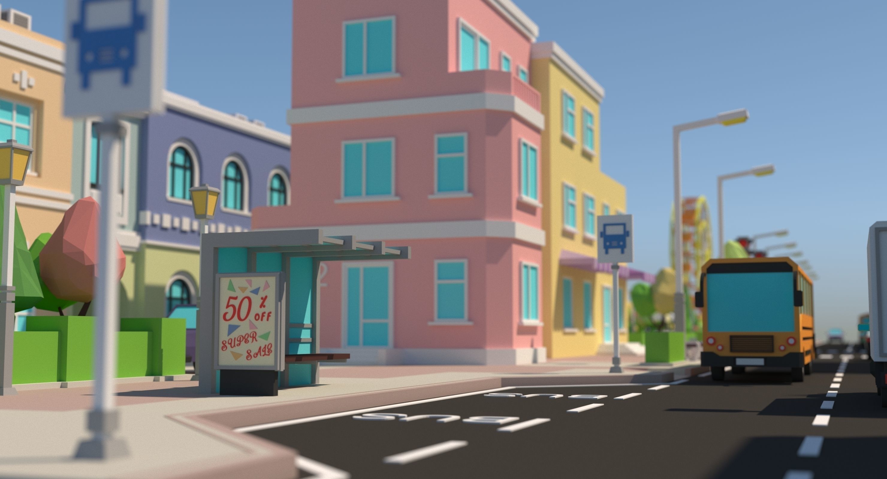 Low poly city with various buildings on the bank of the river Low-poly 3D model_8
