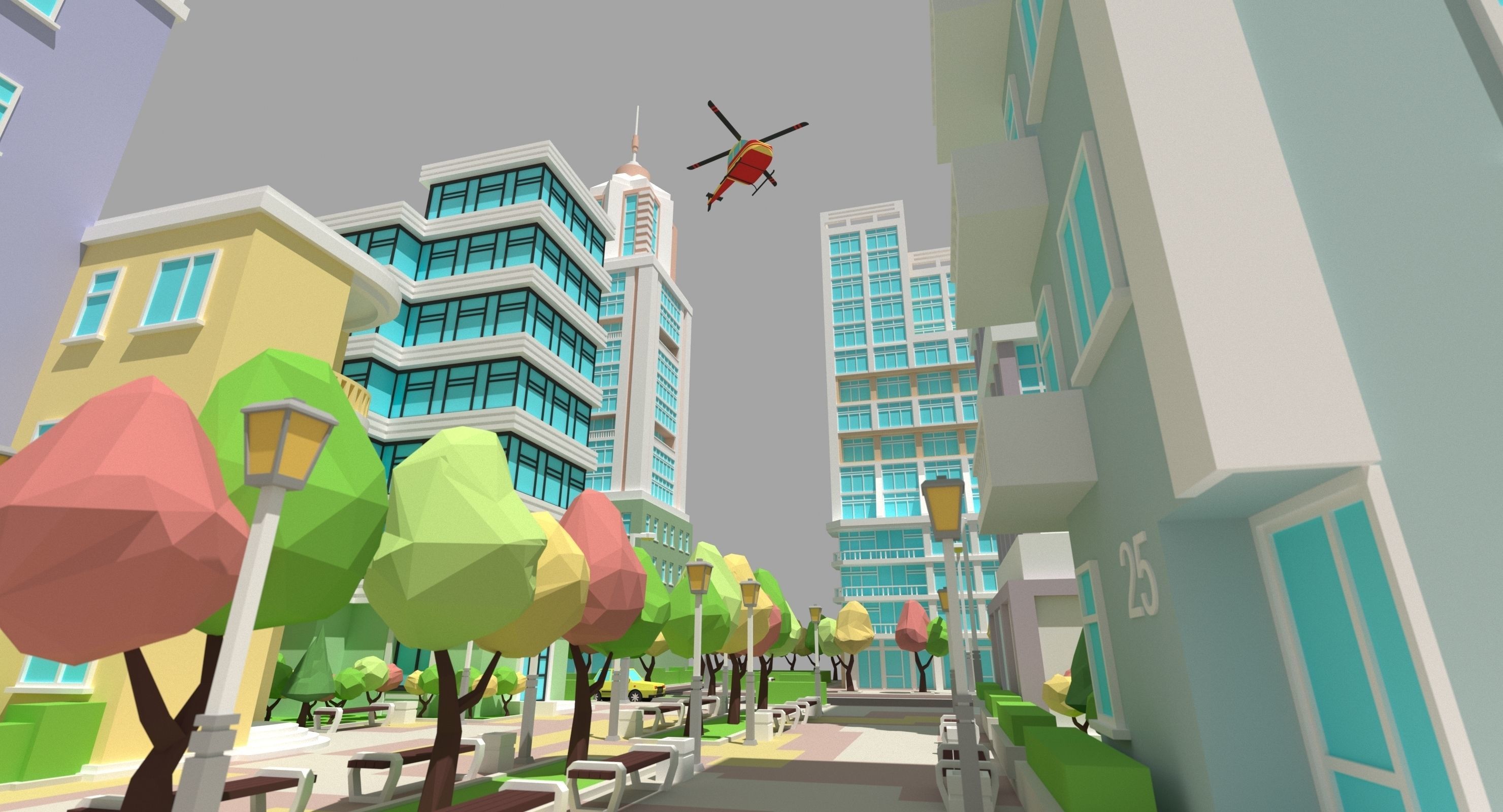 Low poly city with various buildings on the bank of the river Low-poly 3D model_7