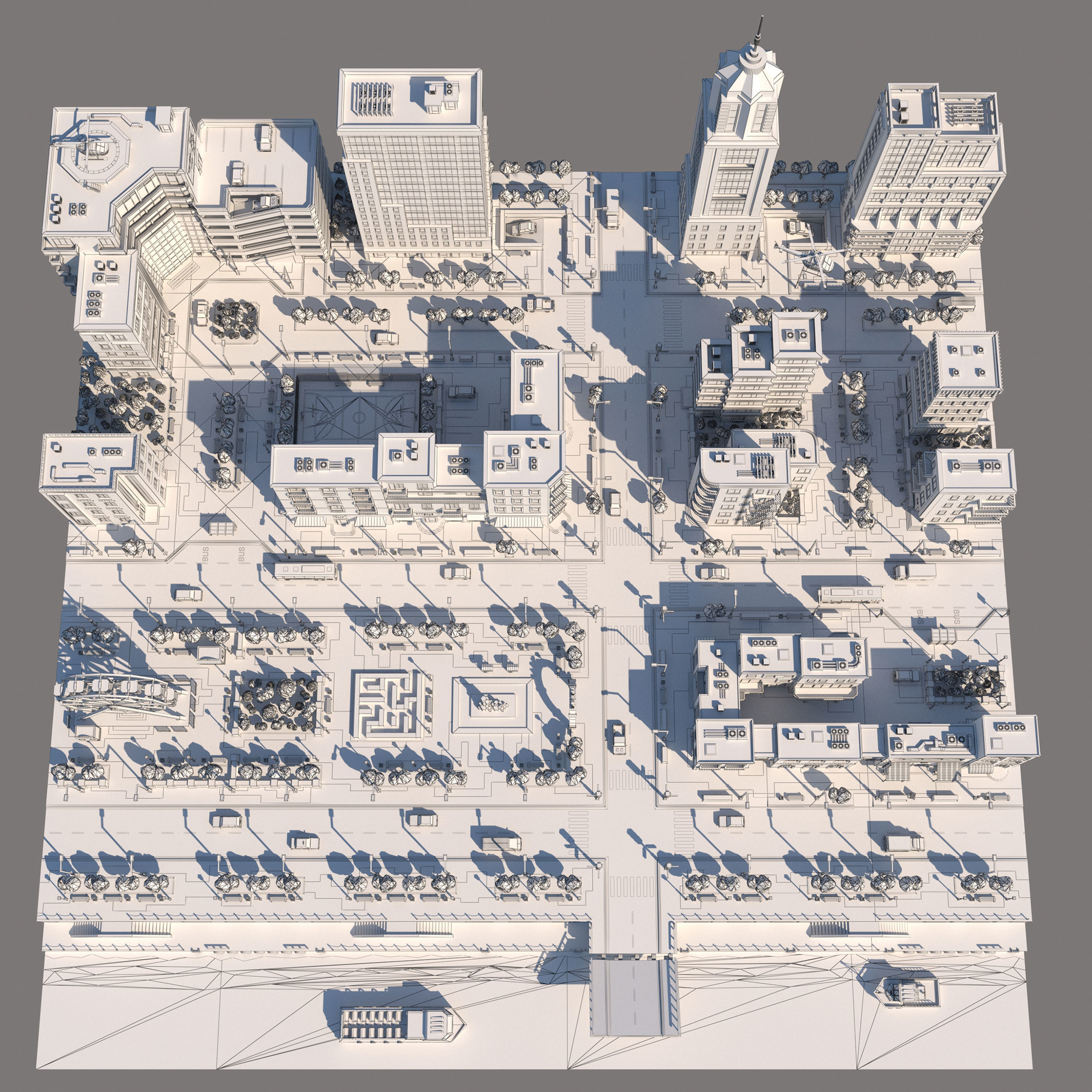 Low poly city with various buildings on the bank of the river Low-poly 3D model_10