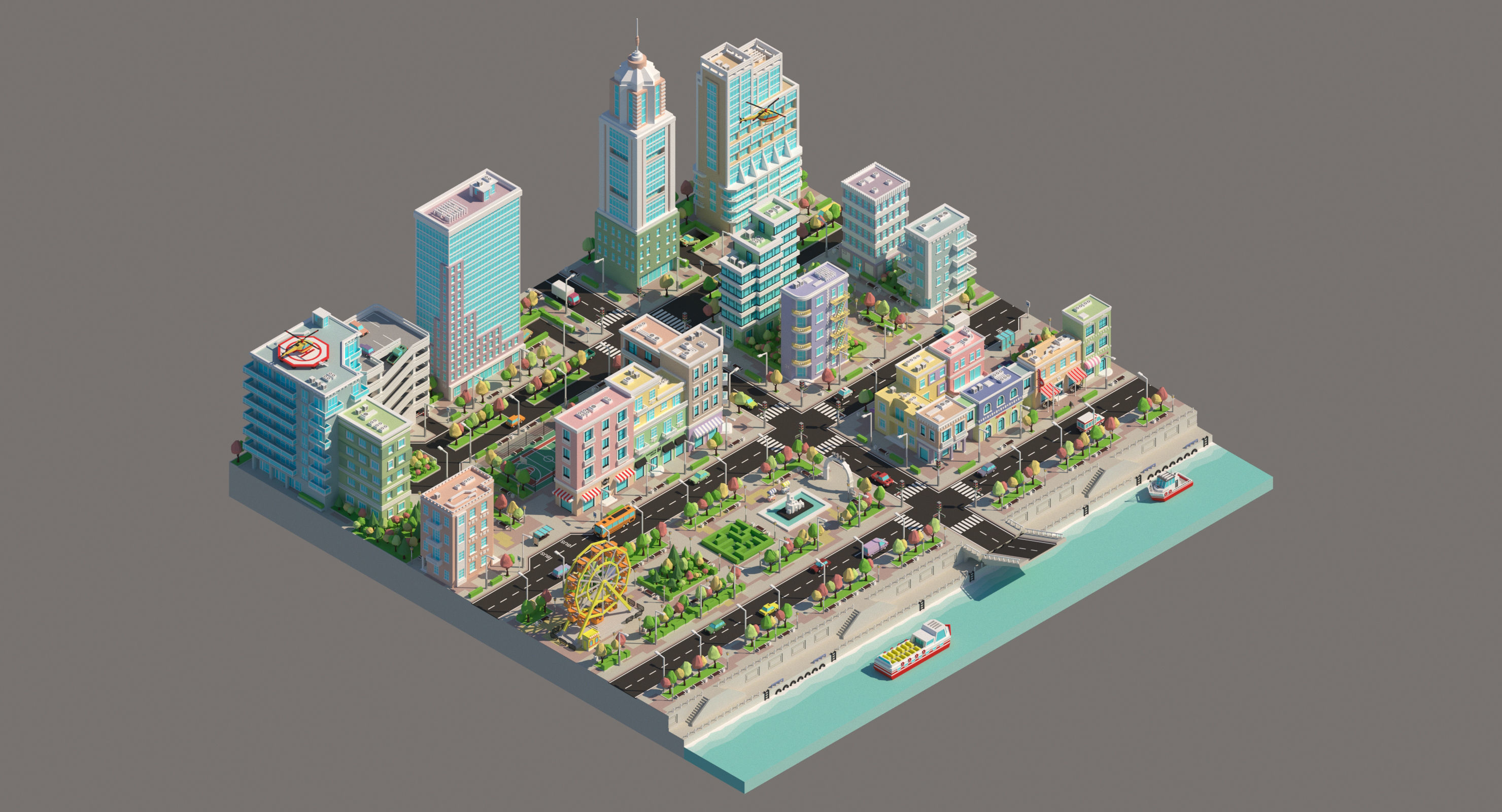 Low poly city with various buildings on the bank of the river Low-poly 3D model_1
