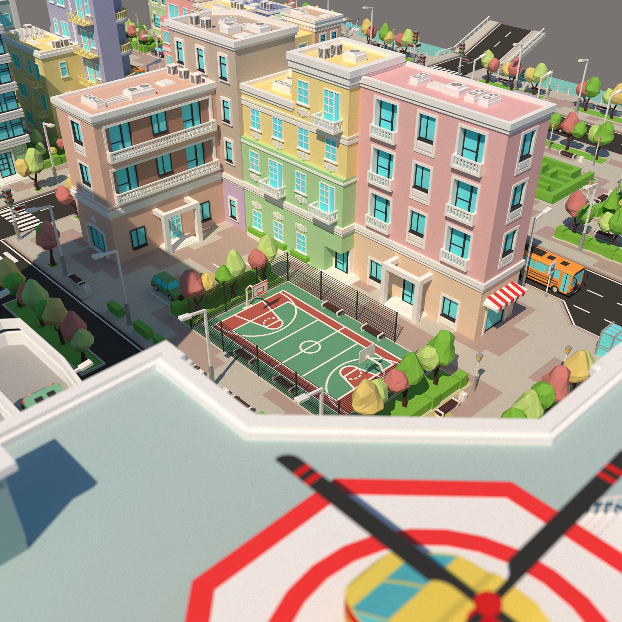 Low poly city with various buildings on the bank of the river Low-poly 3D model_9
