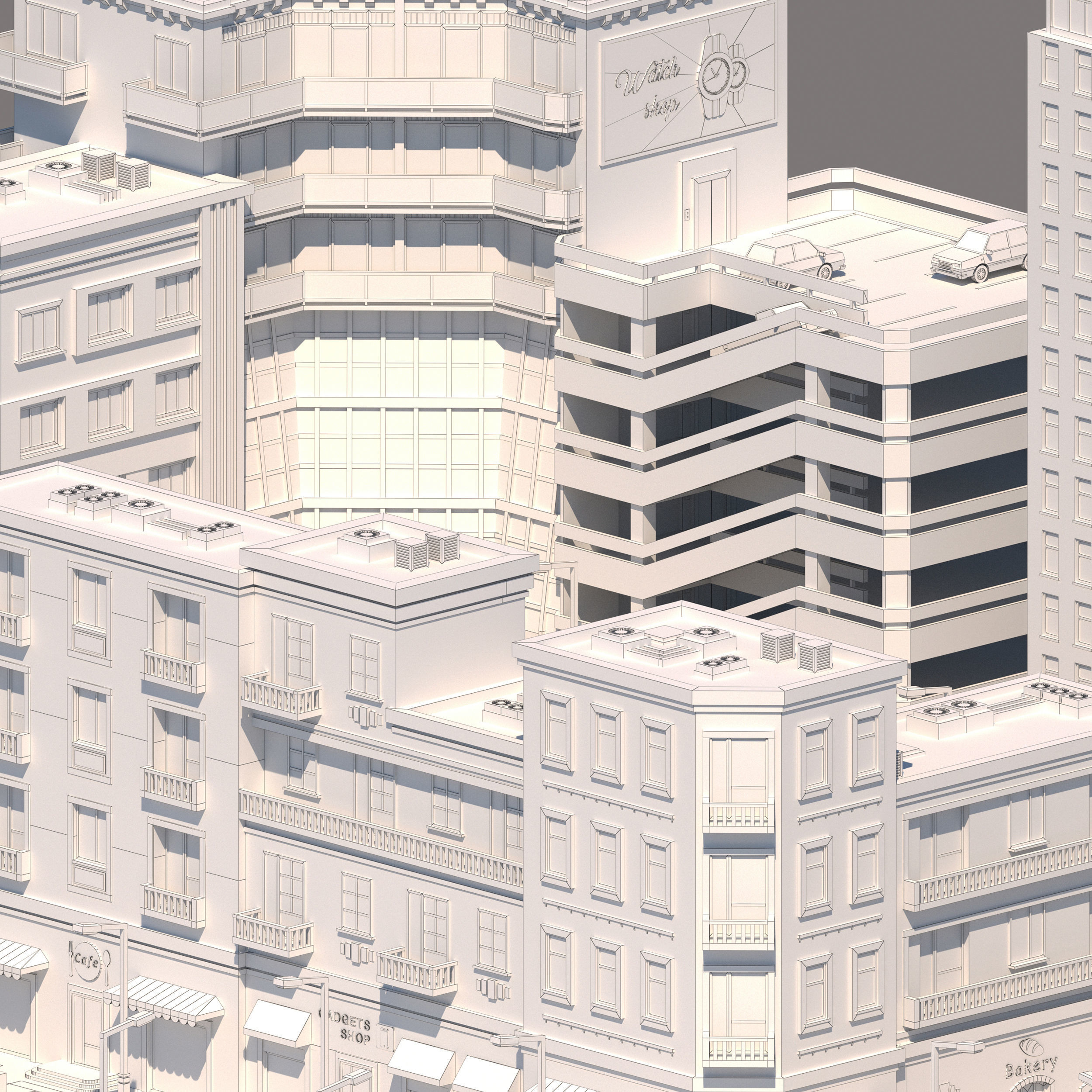 Low poly city with various buildings on the bank of the river Low-poly 3D model_12