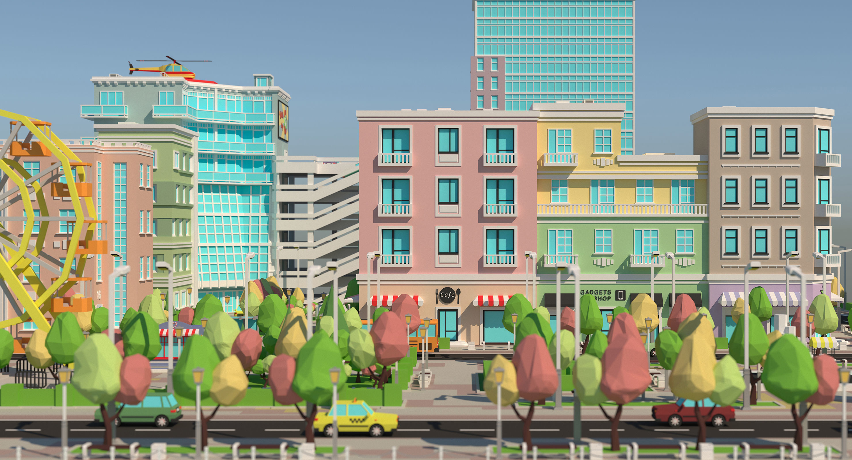 Low poly city with various buildings on the bank of the river Low-poly 3D model_5