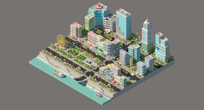 Low poly city with various buildings on the bank of the river Low-poly 3D model