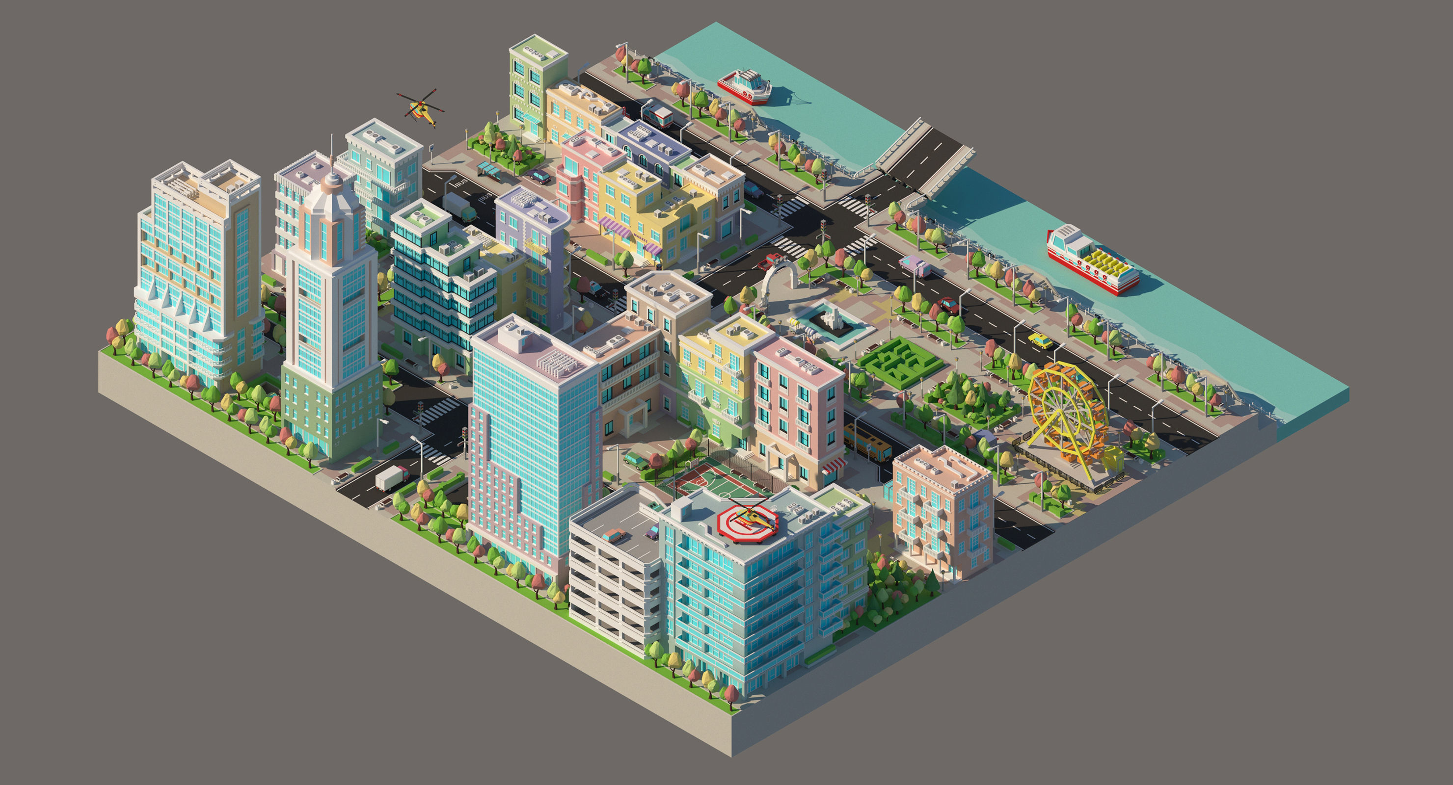Low poly city with various buildings on the bank of the river Low-poly 3D model_2