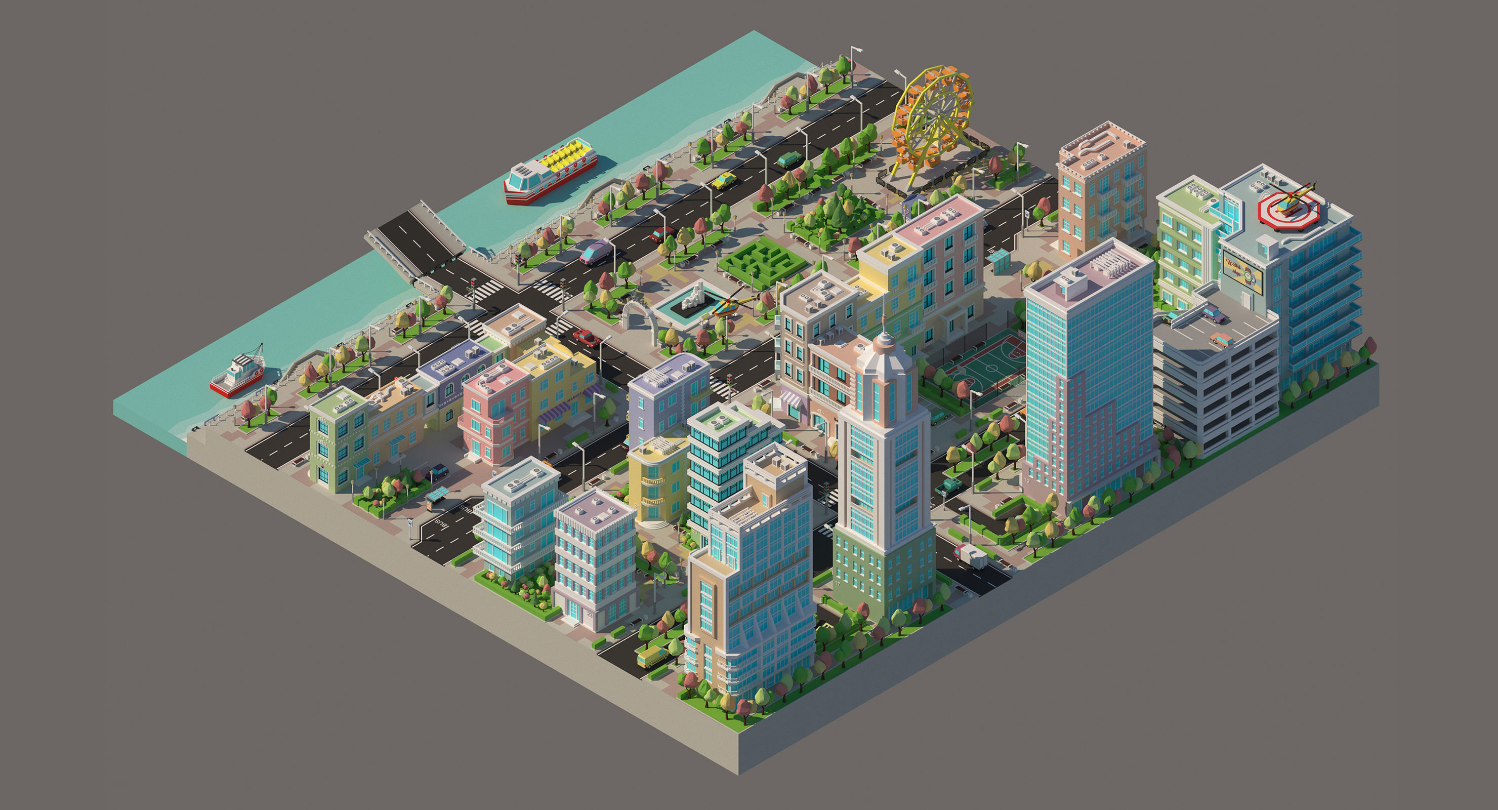 Low poly city with various buildings on the bank of the river Low-poly 3D model_3