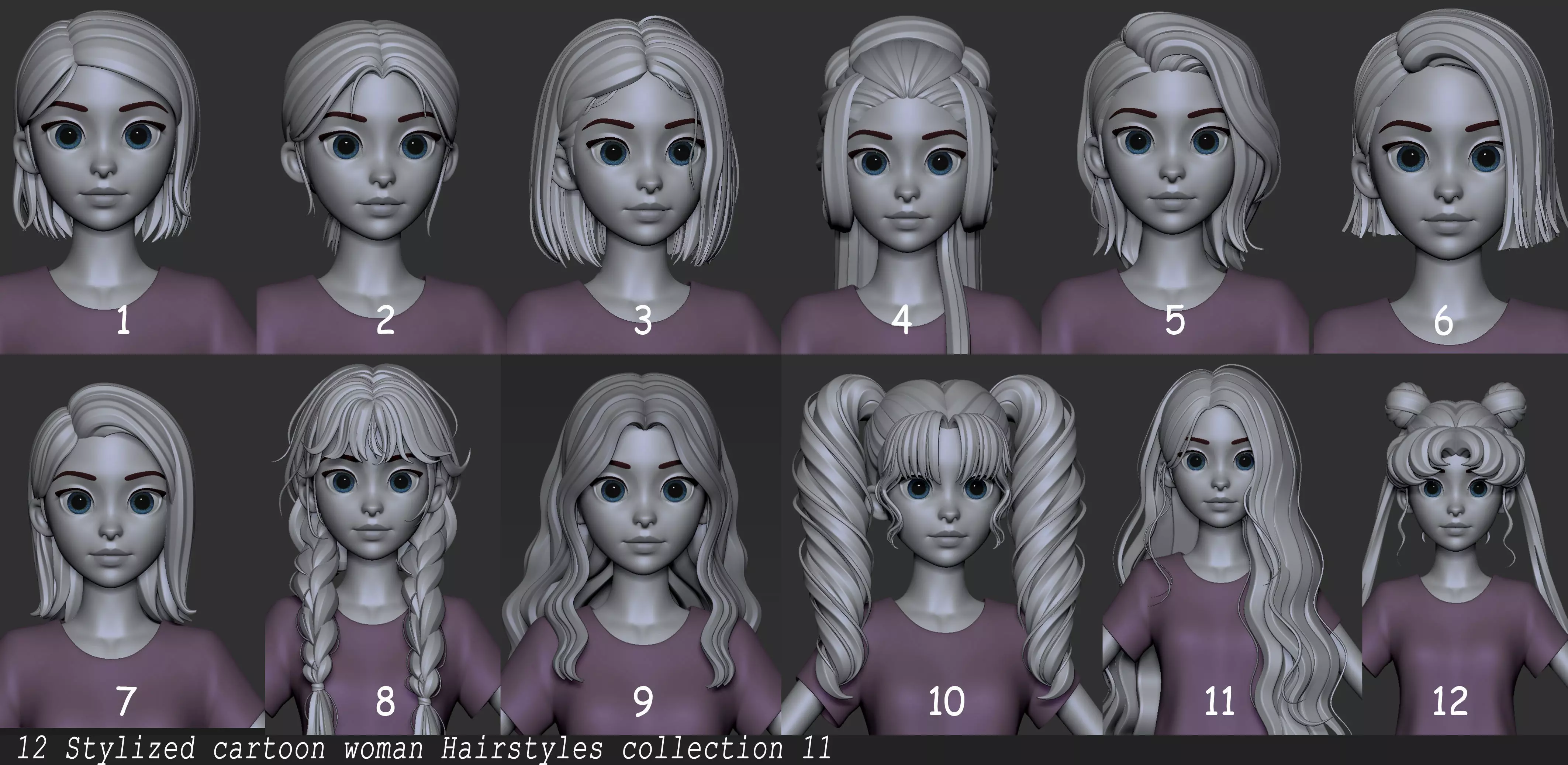 Highpoly and Lowpoly 12 Stylized cartoon anime Hair package 11 Low-poly 3D model