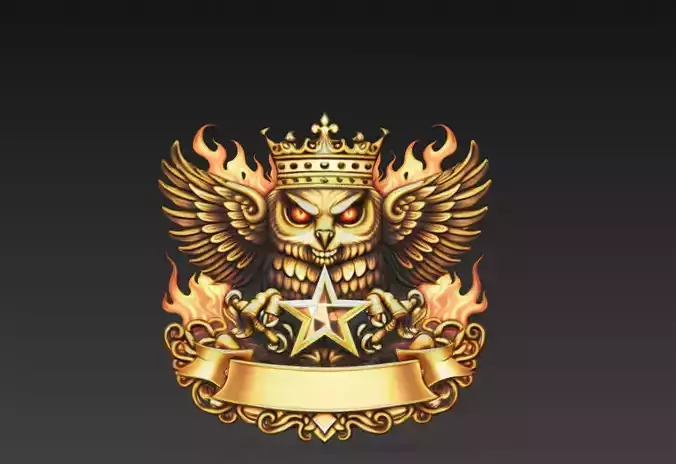 Royal Flame Owl Emblem - Crowned Fantasy Heraldic Sculpture 