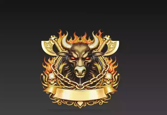 Infernal Bull War Crest with Flaming Axes 3D Model