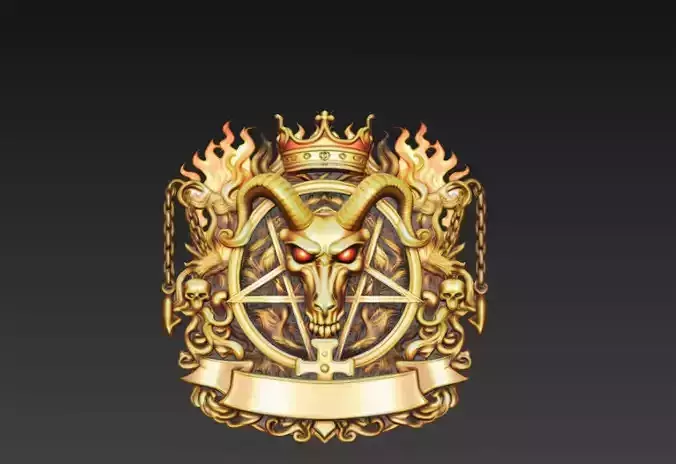 Golden Infernal Goat Crest With Crown And Pentagram