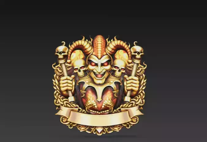 Golden Infernal Jester Crest With Skulls And Flames