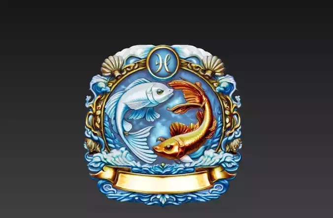 Pisces Zodiac Royal Crest - Twin Fish Heraldic Decorative Emblem