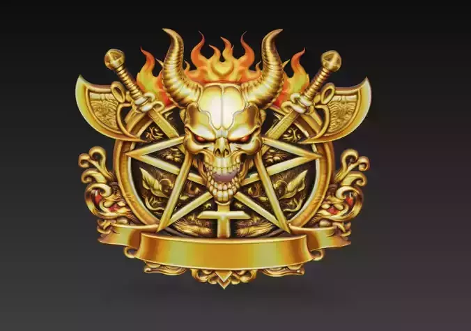 Golden Demonic Skull Crest With Star And Battle Axes