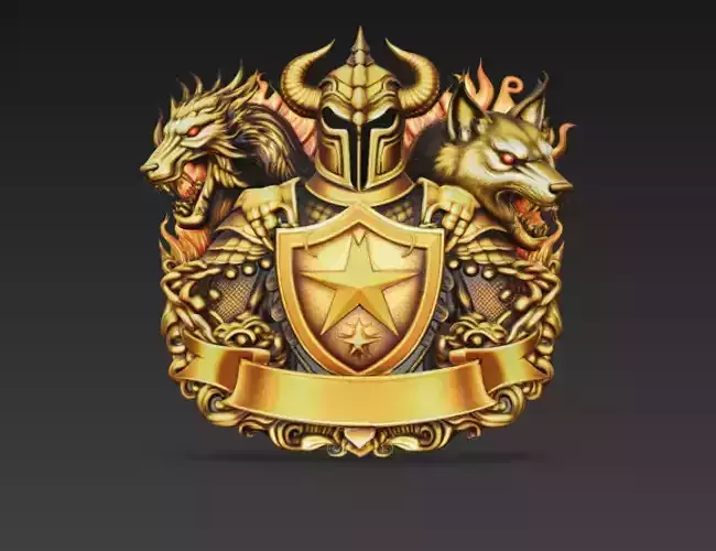 Golden Warrior Crest With Dragon And Wolf Heads Emblem