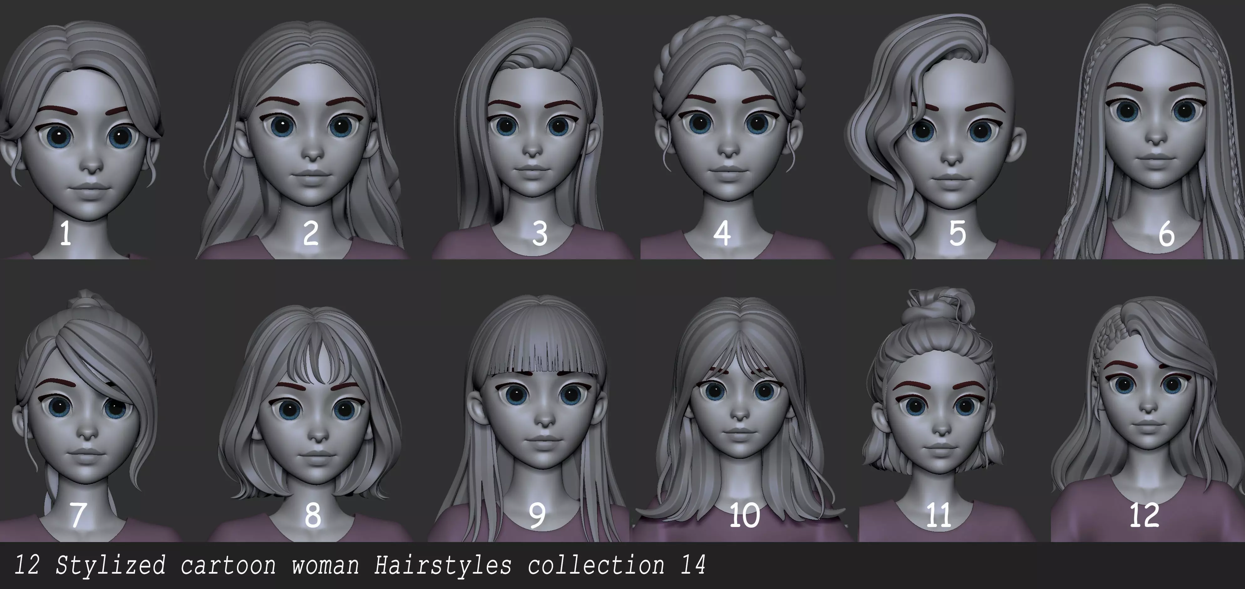Highpoly and Lowpoly 12 Stylized cartoon anime Hair package 14 Low-poly 3D model