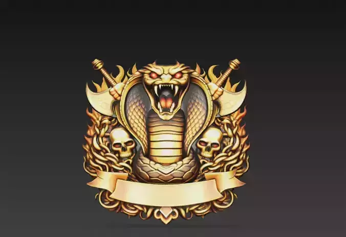 Infernal Cobra War Crest with Flaming Axes 3D