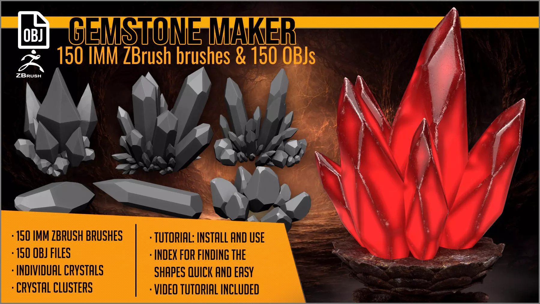 Gemstone Maker 150 IMM ZBrush brushes and 150 OBJs 3D model