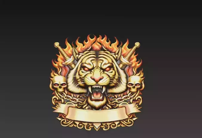 Infernal Tiger War Crest with Flaming Swords 3D
