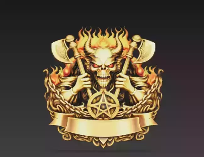 Golden Demonic Skull Crest With Axes Chains Emblem