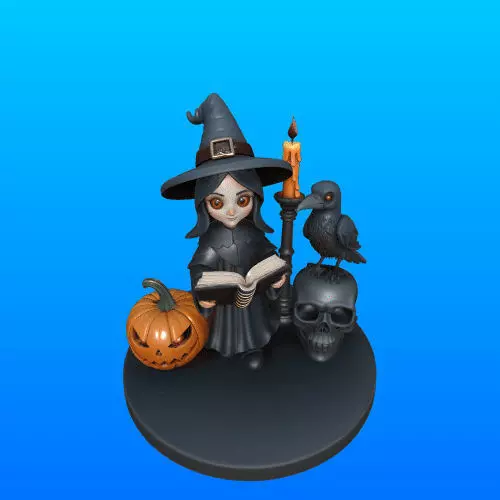 3629 Witch with Skull Raven and Pumpkin 3D STL 3D print model