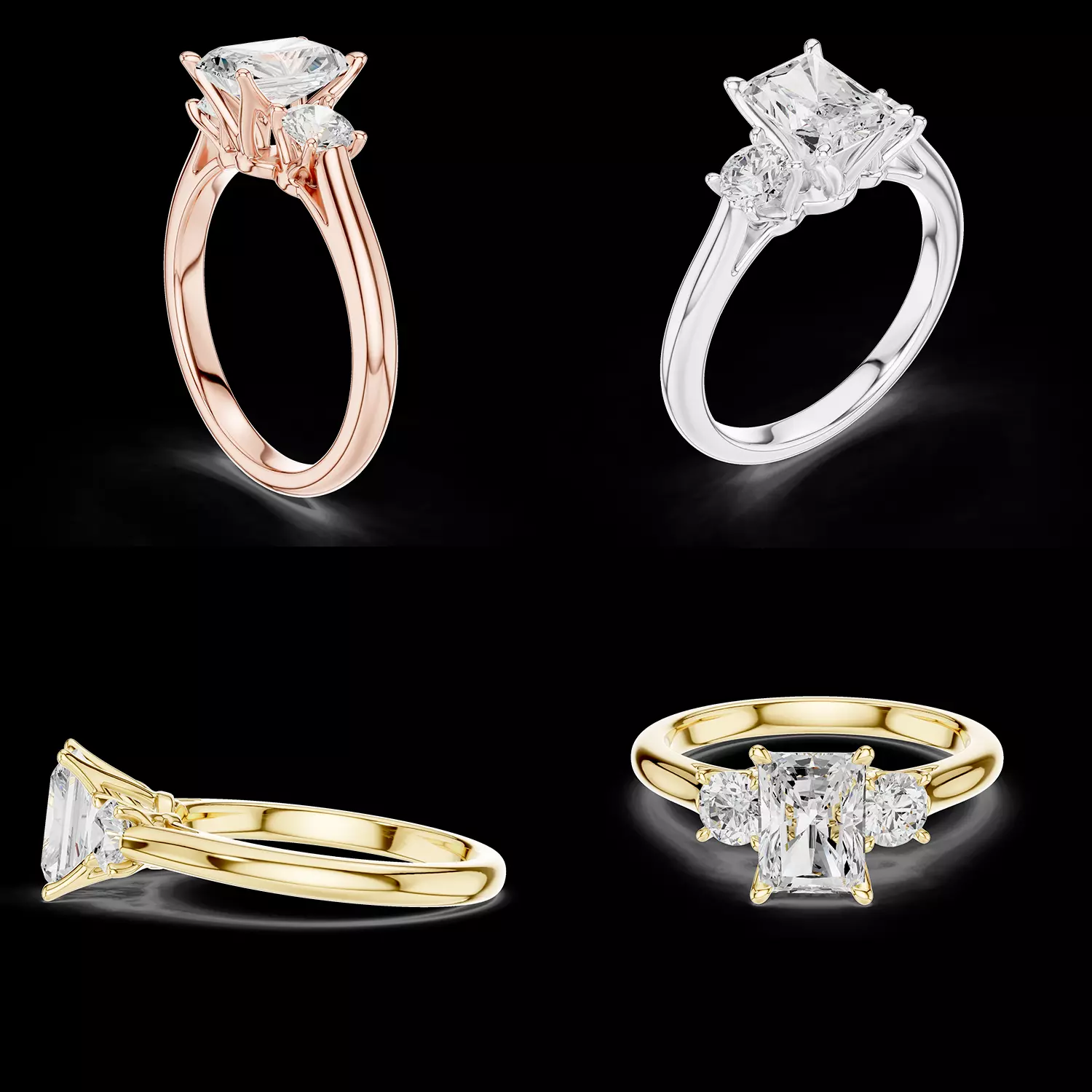 Radiant Three Stone Diamond Ring 3DM STL 3D print model