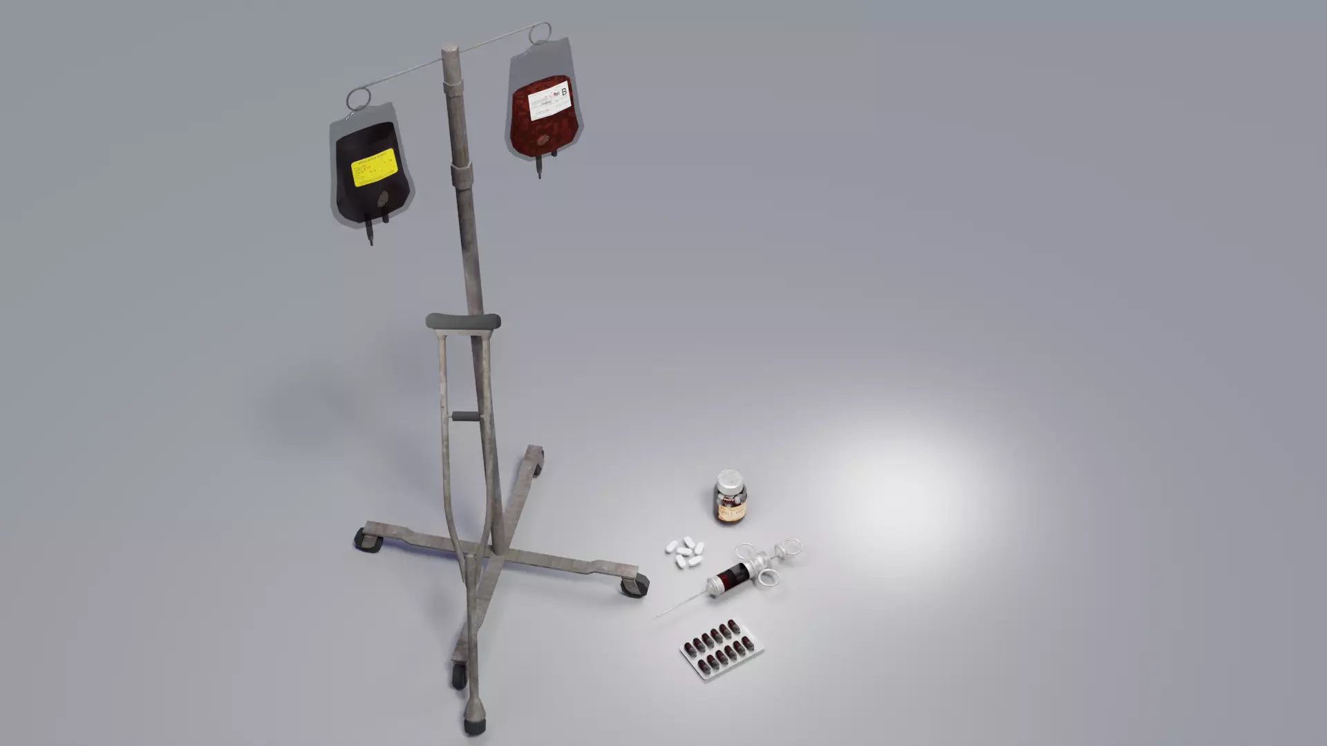 Horror Medical Hospital Props Pack Syringe Pills IV Bags Crutch Low-poly 3D model
