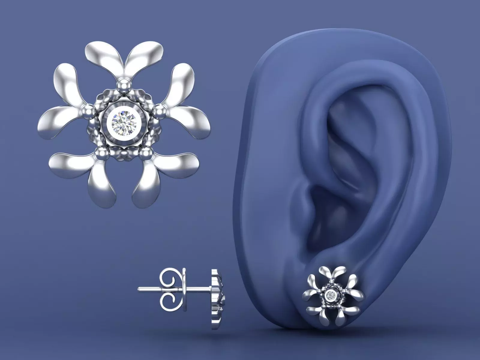 Floral Snowflake Stud Earring 3D CAD Jewelry Design 3D print model