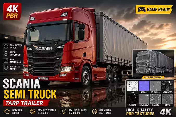 transport truck Heavy  semi  Truck  red semi truck Low-Poly
