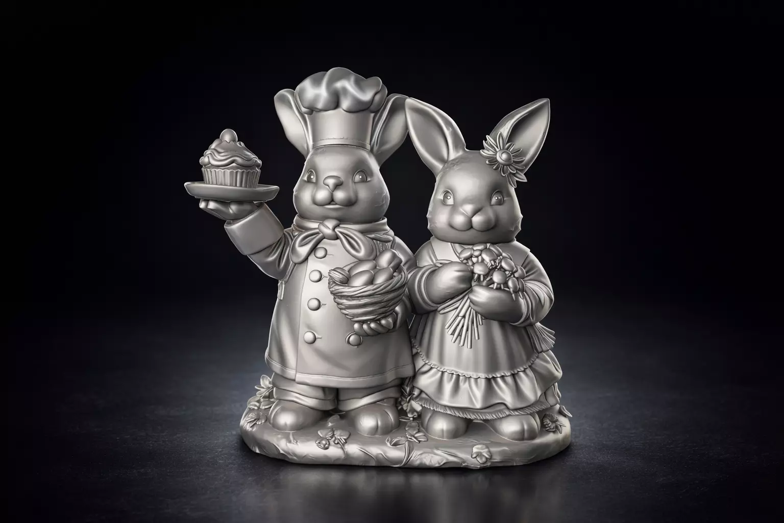 Easter Bunny Couple Figurine Spring Rabbits with Basket 3D print model