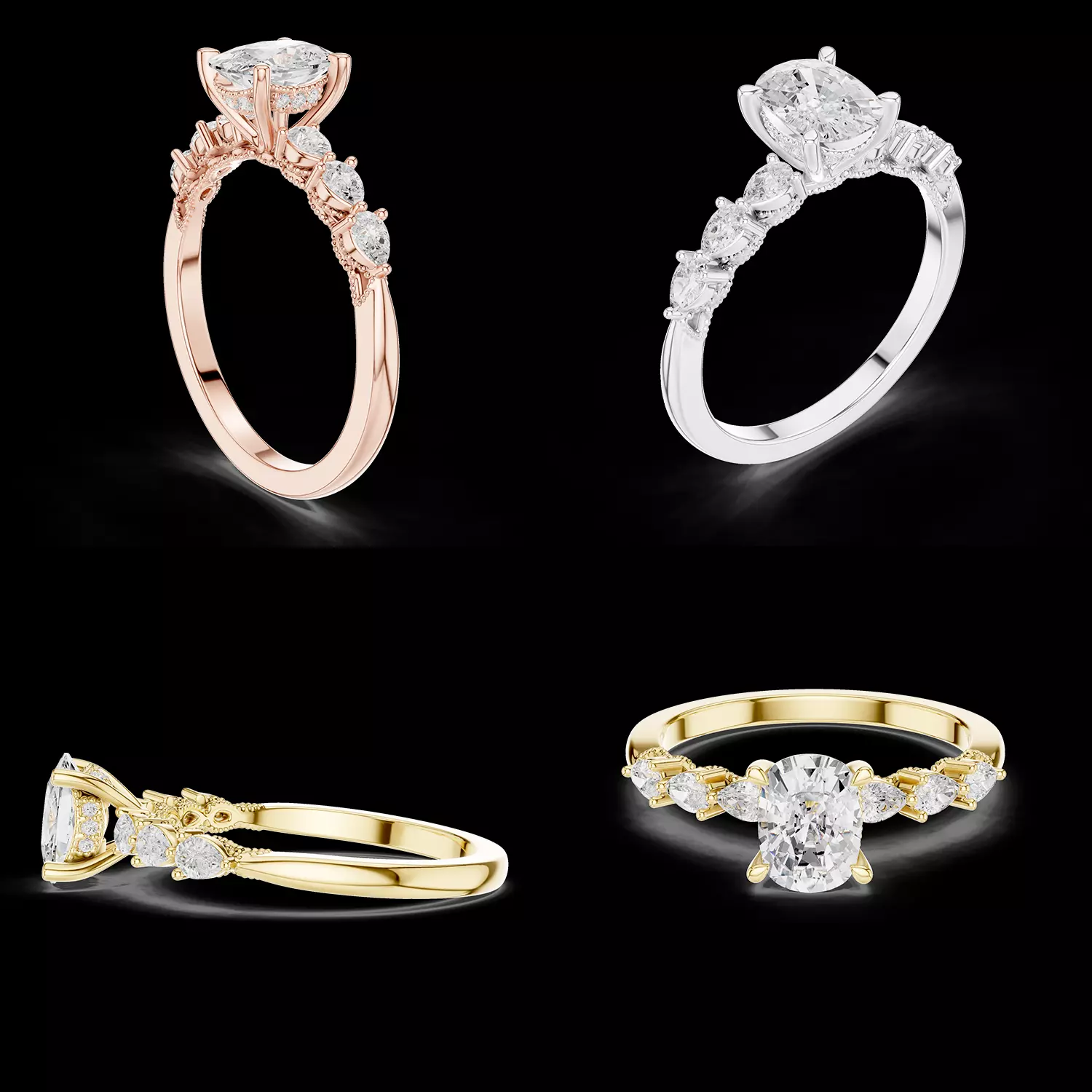 Oval Diamond Engagement Ring with Marquise CAD 3D print model