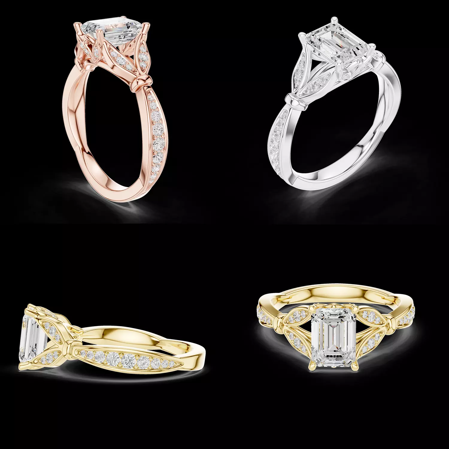 Vintage Emerald Cut Leaf Diamond Ring 3D print model