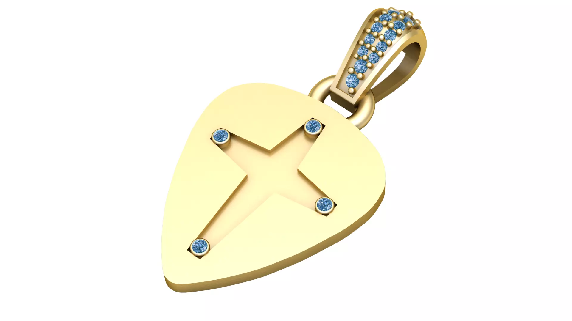 14K Gold Guitar Pick Cross Pendant with Aquamarine Accents 3D print model