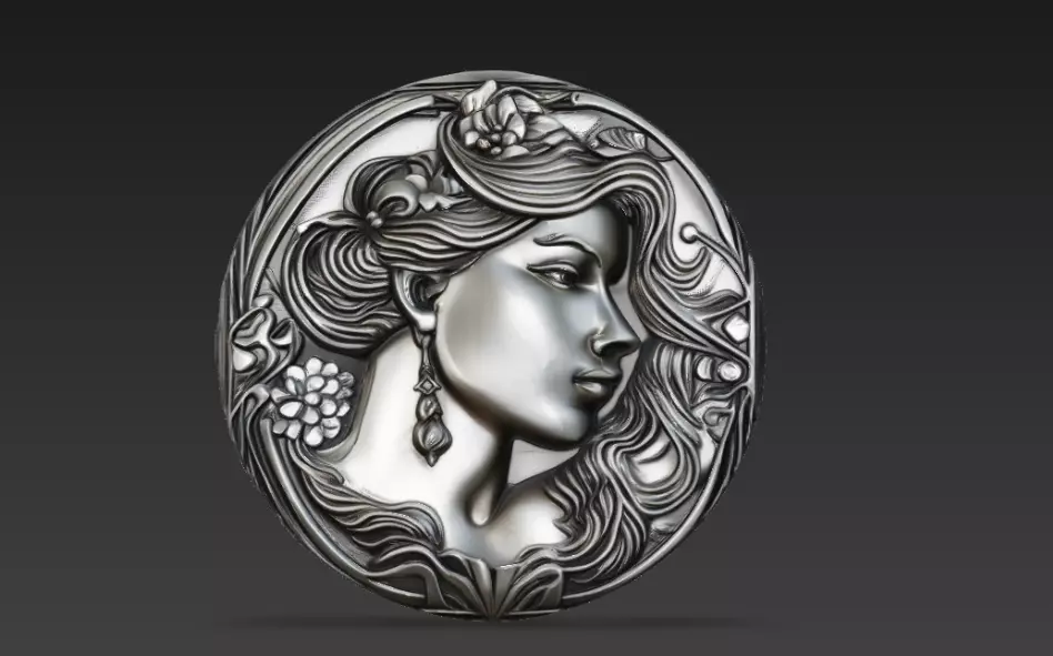 Art Nouveau Woman Coin Relief - Elegant Floral Medallion 3D print model