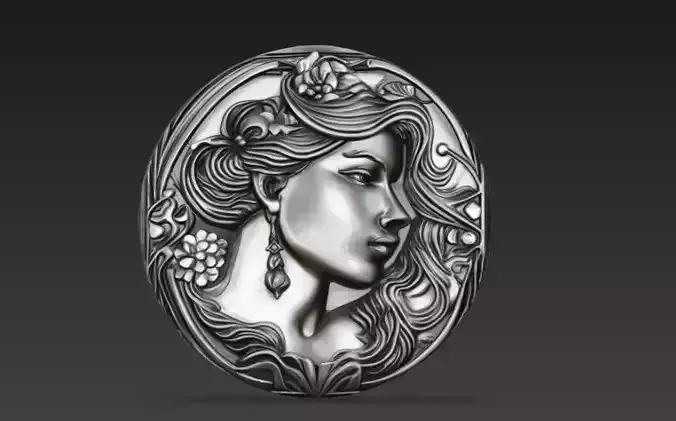 Art Nouveau Woman Coin Relief - Elegant Floral Medallion