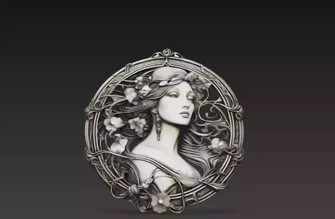 Art Nouveau Woman Relief - Ornamental Floral Medallion